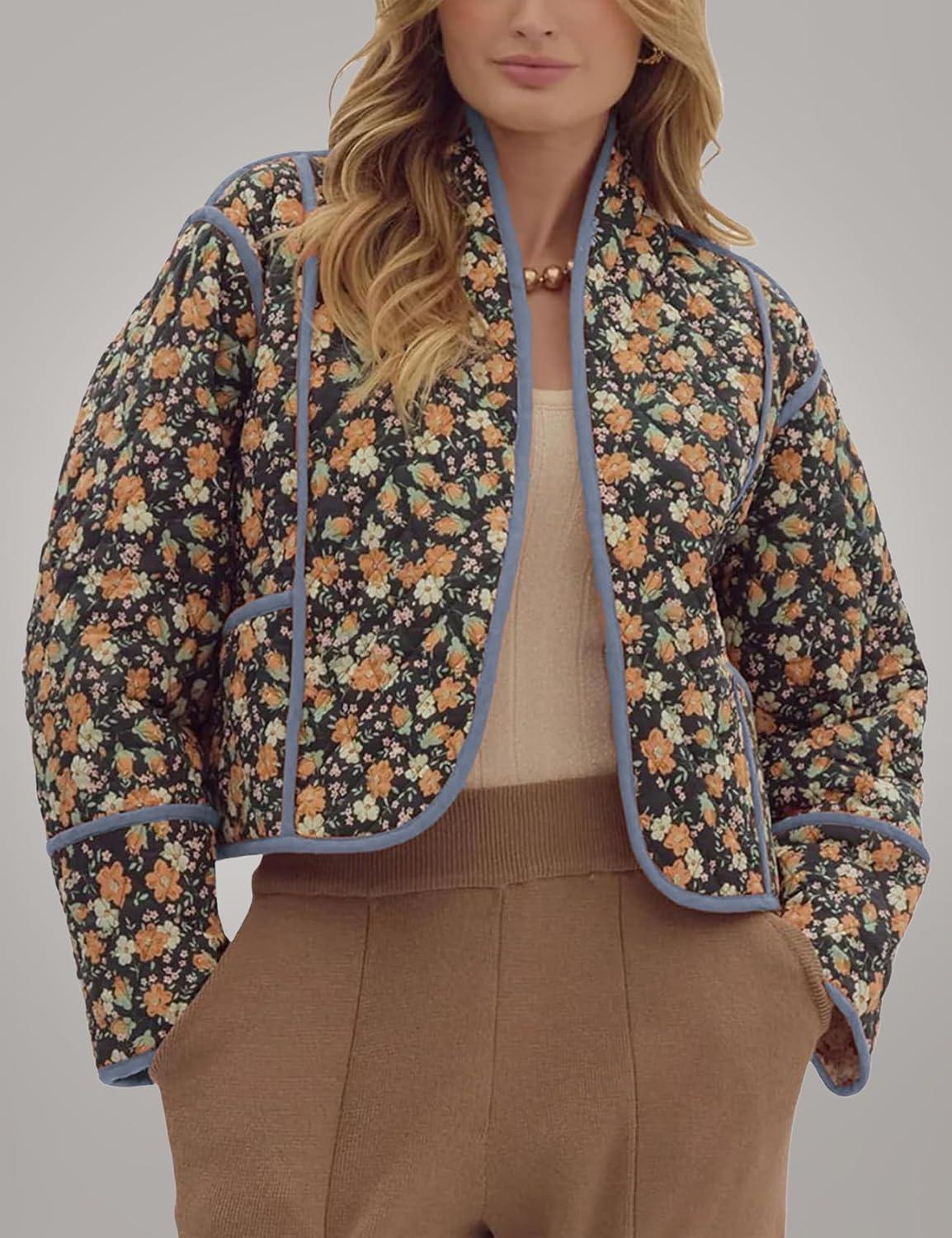 imageFlygo Women Cropped Puffer Jacket Cardigan Floral Printed Quilted Coats Lightweight Open Front Crop Padded Down Jackets01 Floral Black