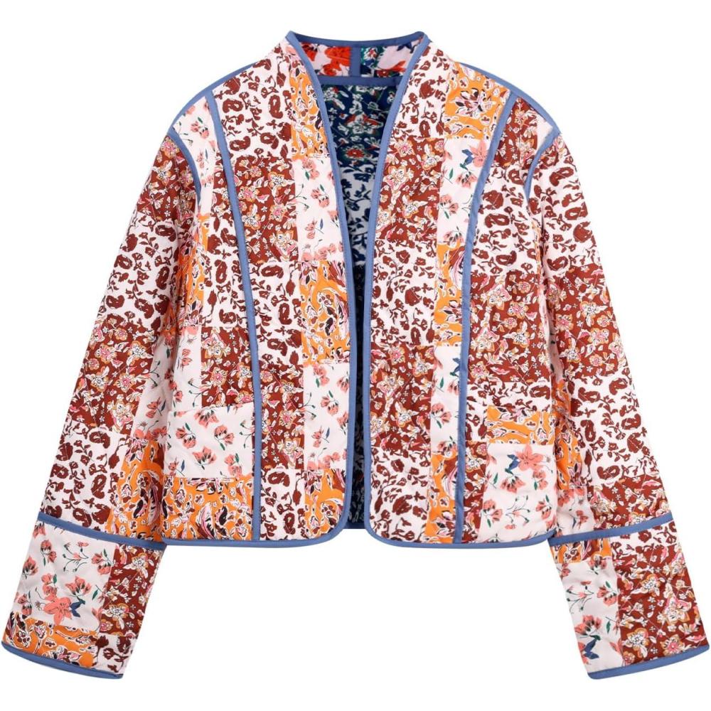 imageFlygo Women Cropped Puffer Jacket Cardigan Floral Printed Quilted Coats Lightweight Open Front Crop Padded Down Jackets01 Brown