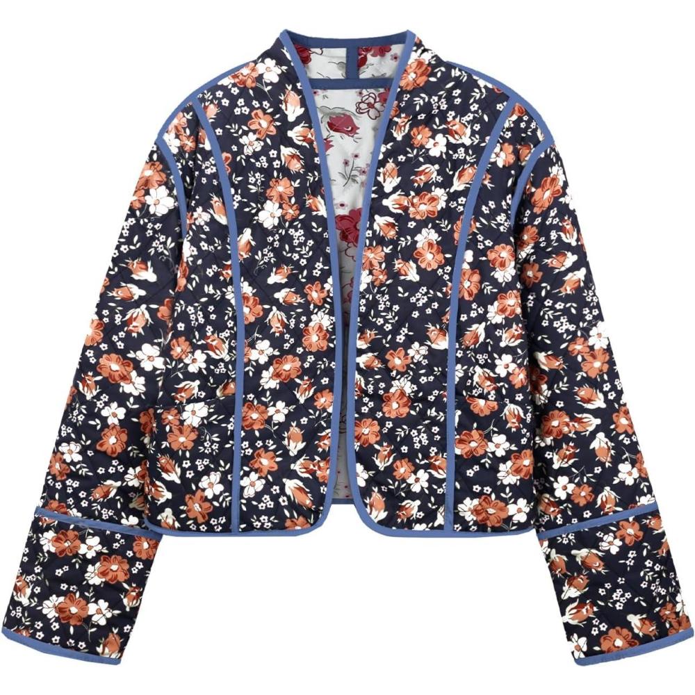 imageFlygo Women Cropped Puffer Jacket Cardigan Floral Printed Quilted Coats Lightweight Open Front Crop Padded Down Jackets01 Floral Black