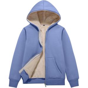imageFlygo Unisex Boys Girls Fleece Jacket Hoodie Sherpa Lined Zip Up Hooded Sweatshirt Kids Winter JacketsLight Blue