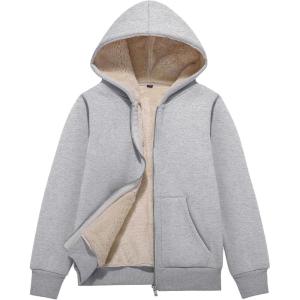 imageFlygo Unisex Boys Girls Fleece Jacket Hoodie Sherpa Lined Zip Up Hooded Sweatshirt Kids Winter JacketsLight Grey