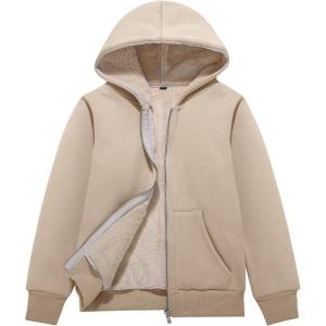 imageFlygo Unisex Boys Girls Fleece Jacket Hoodie Sherpa Lined Zip Up Hooded Sweatshirt Kids Winter JacketsLight Khaki