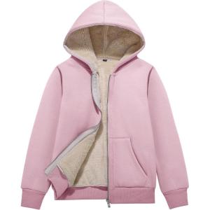 imageFlygo Unisex Boys Girls Fleece Jacket Hoodie Sherpa Lined Zip Up Hooded Sweatshirt Kids Winter JacketsPink