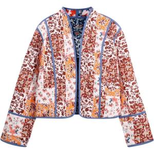 imageFlygo Women Cropped Puffer Jacket Cardigan Floral Printed Quilted Coats Lightweight Open Front Crop Padded Down Jackets01 Brown