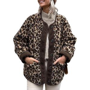 imageFlygo Womens Leopard Fuzzy Fleece Jacket Casual Corduroy Patchwork Long Sleeve Button Down Winter Coat Outerwear with PocketLeopardprint