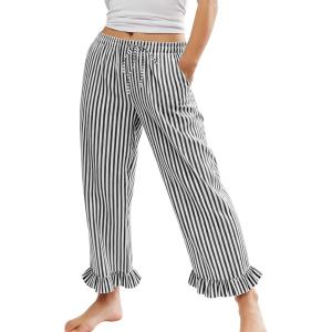 imageFlygo Womens Striped Lounge Pants Y2K Long Cotton Ruffle Boxer Bottoms Comfy Drawstring Elastic Waist Pj Pants with PocketsBlack