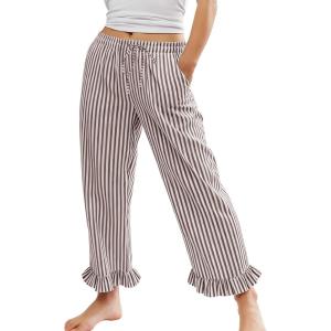 imageFlygo Womens Striped Lounge Pants Y2K Long Cotton Ruffle Boxer Bottoms Comfy Drawstring Elastic Waist Pj Pants with PocketsCoffee