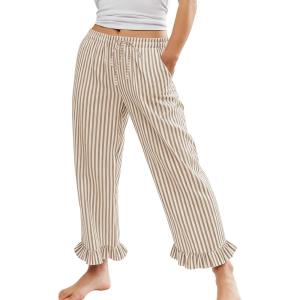 imageFlygo Womens Striped Lounge Pants Y2K Long Cotton Ruffle Boxer Bottoms Comfy Drawstring Elastic Waist Pj Pants with PocketsKhaki
