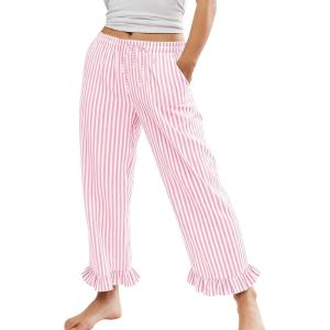 imageFlygo Womens Striped Lounge Pants Y2K Long Cotton Ruffle Boxer Bottoms Comfy Drawstring Elastic Waist Pj Pants with PocketsPink