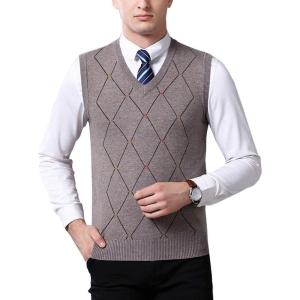 imageFlygo Mens Lightweight Slim Fit Argyle Pullover Goft Vest Knit VNeck SweaterKhaki