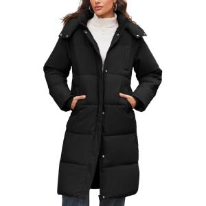 imageFlygo Long Winter Coats for Women Hooded Puffer Coat Jackets Thickened Midi Long Sleeve Zip Down Parka OuterwearBlack