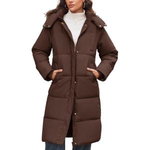 imageFlygo Long Winter Coats for Women Hooded Puffer Coat Jackets Thickened Midi Long Sleeve Zip Down Parka OuterwearCocoa Brown