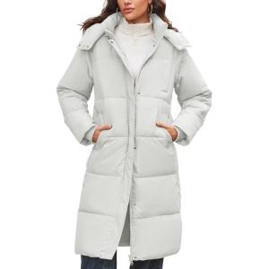 imageFlygo Long Winter Coats for Women Hooded Puffer Coat Jackets Thickened Midi Long Sleeve Zip Down Parka OuterwearLight Grey