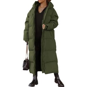 imageFlygo Womens Hooded Long Puffer Coat Winter Jackets Coats Warm Maxi Long Sleeve Zip Padded Down Cocoon OuterwearArmy Green