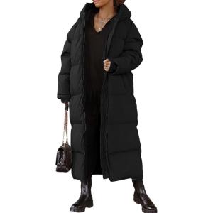 imageFlygo Womens Hooded Long Puffer Coat Winter Jackets Coats Warm Maxi Long Sleeve Zip Padded Down Cocoon OuterwearBlack