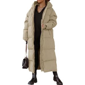 imageFlygo Womens Hooded Long Puffer Coat Winter Jackets Coats Warm Maxi Long Sleeve Zip Padded Down Cocoon OuterwearKhaki