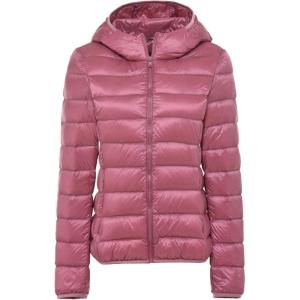 imageFlygo Womens Lightweight Hooded Down Jacket Water Resistance Puffer CoatDark Pink