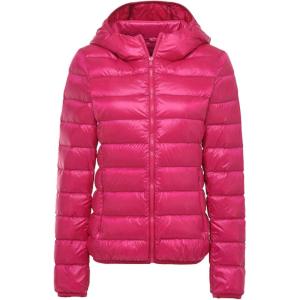 imageFlygo Womens Lightweight Hooded Down Jacket Water Resistance Puffer CoatFuchsia