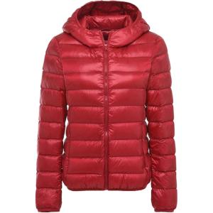 imageFlygo Womens Lightweight Hooded Down Jacket Water Resistance Puffer CoatRed