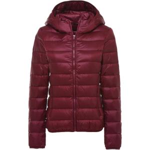 imageFlygo Womens Lightweight Hooded Down Jacket Water Resistance Puffer CoatWine Red