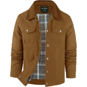 imageFlygo Mens Flannel Lined Shirt Jacket Cotton Corduroy Turndown Collar Snap Button Rugged Cargo Trucker Jacket with MultiPocketsBrownXL