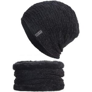 imageFlygo Mens Winter Fleece Lined Beanie Hat Scarf Set 2 Piece Skull Cap Neck WarmerBlack
