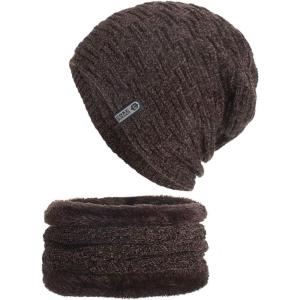 imageFlygo Mens Winter Fleece Lined Beanie Hat Scarf Set 2 Piece Skull Cap Neck WarmerCoffee