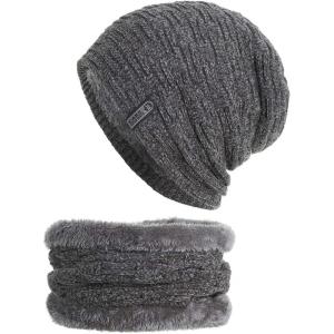 imageFlygo Mens Winter Fleece Lined Beanie Hat Scarf Set 2 Piece Skull Cap Neck WarmerGrey