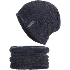 imageFlygo Mens Winter Fleece Lined Beanie Hat Scarf Set 2 Piece Skull Cap Neck WarmerNavy