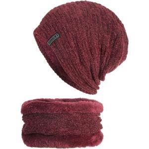 imageFlygo Mens Winter Fleece Lined Beanie Hat Scarf Set 2 Piece Skull Cap Neck WarmerWine Red