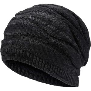 imageFlygo Mens Winter Warm Fleece Lined Knit Beanie Hat Slouchy Thick Skull CapBlack