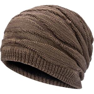 imageFlygo Mens Winter Warm Fleece Lined Knit Beanie Hat Slouchy Thick Skull CapKhaki