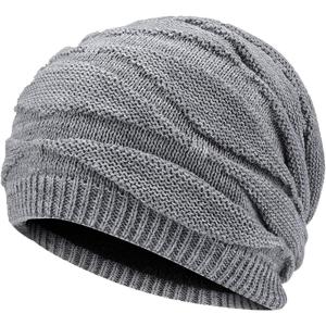 imageFlygo Mens Winter Warm Fleece Lined Knit Beanie Hat Slouchy Thick Skull CapLight Grey