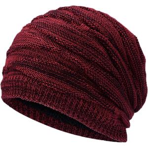 imageFlygo Mens Winter Warm Fleece Lined Knit Beanie Hat Slouchy Thick Skull CapWine Red