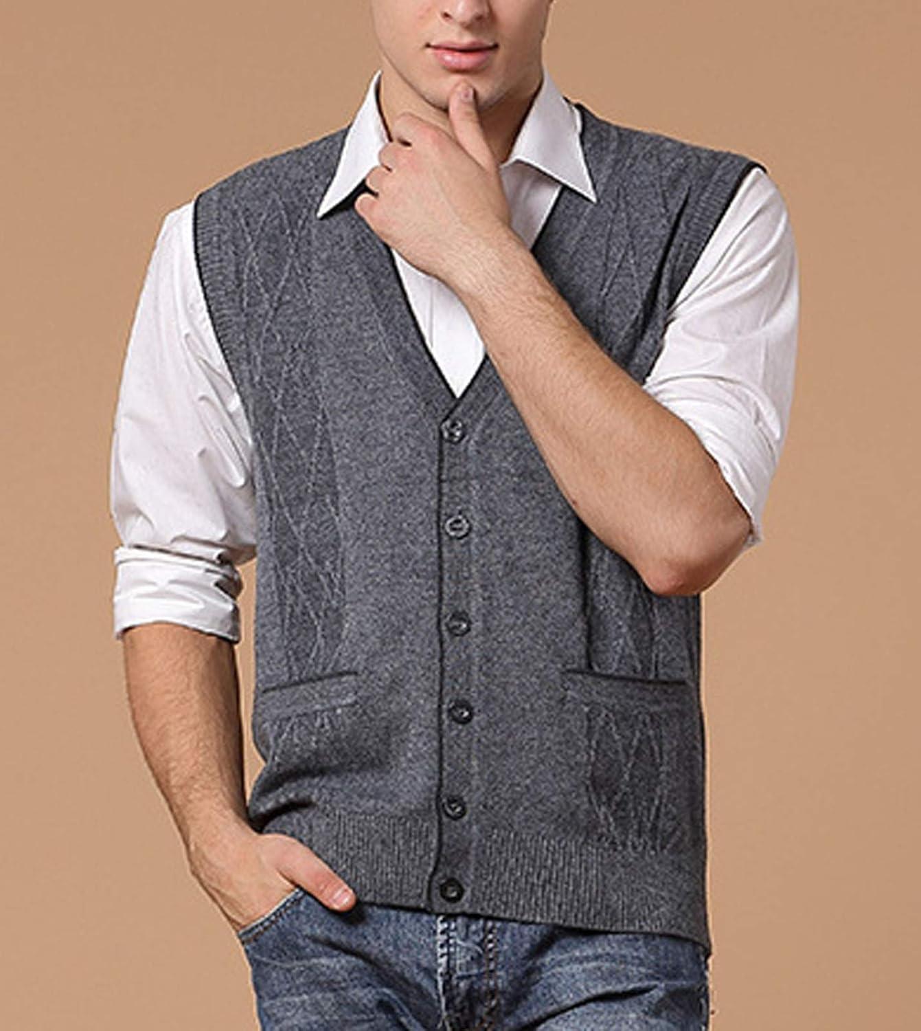 imageFlygo Mens Basic VNeck Jacquard Knitted Sweater Vest Waistcoat with Button FrontDark Grey