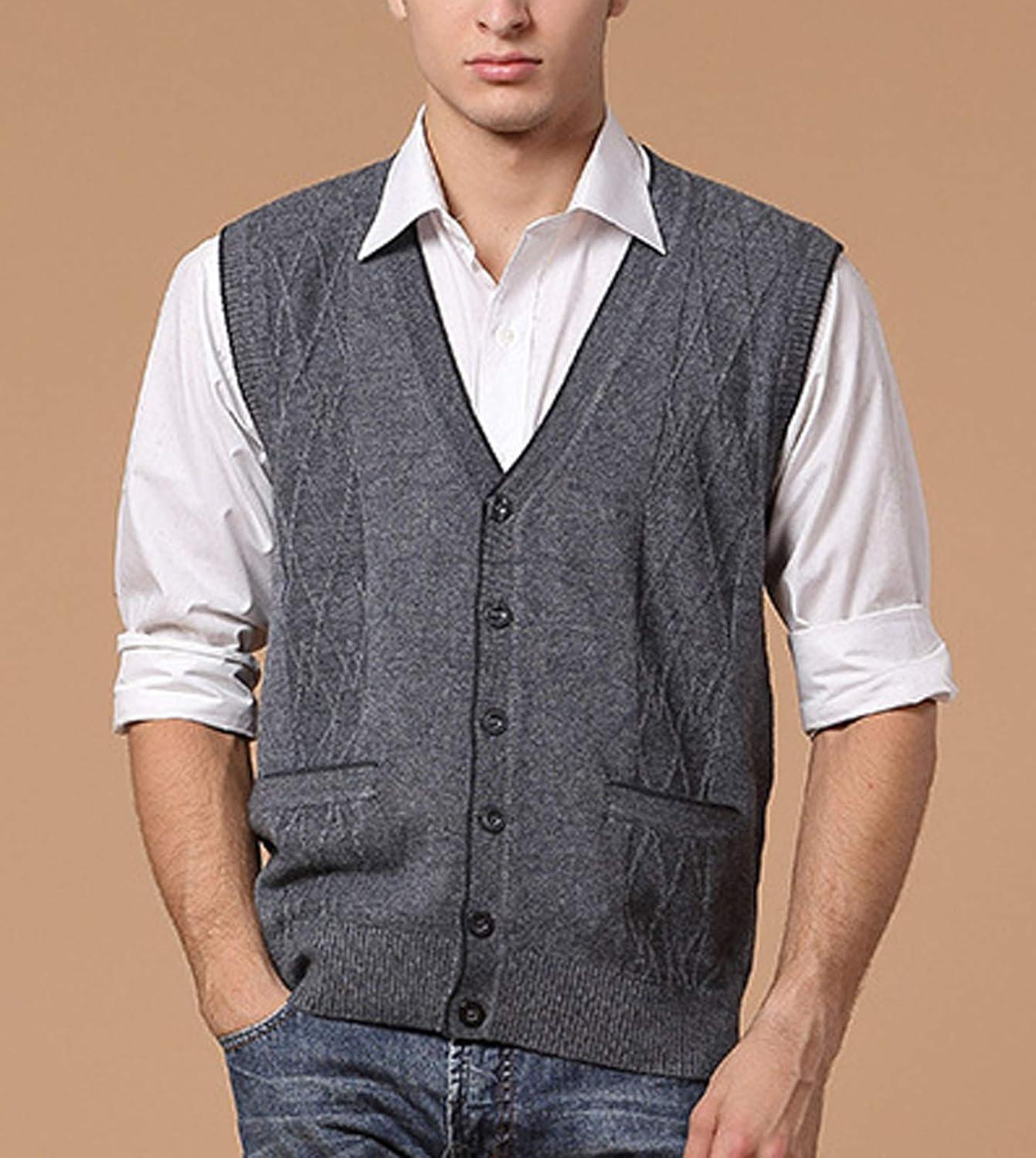 imageFlygo Mens Basic VNeck Jacquard Knitted Sweater Vest Waistcoat with Button FrontDark Grey