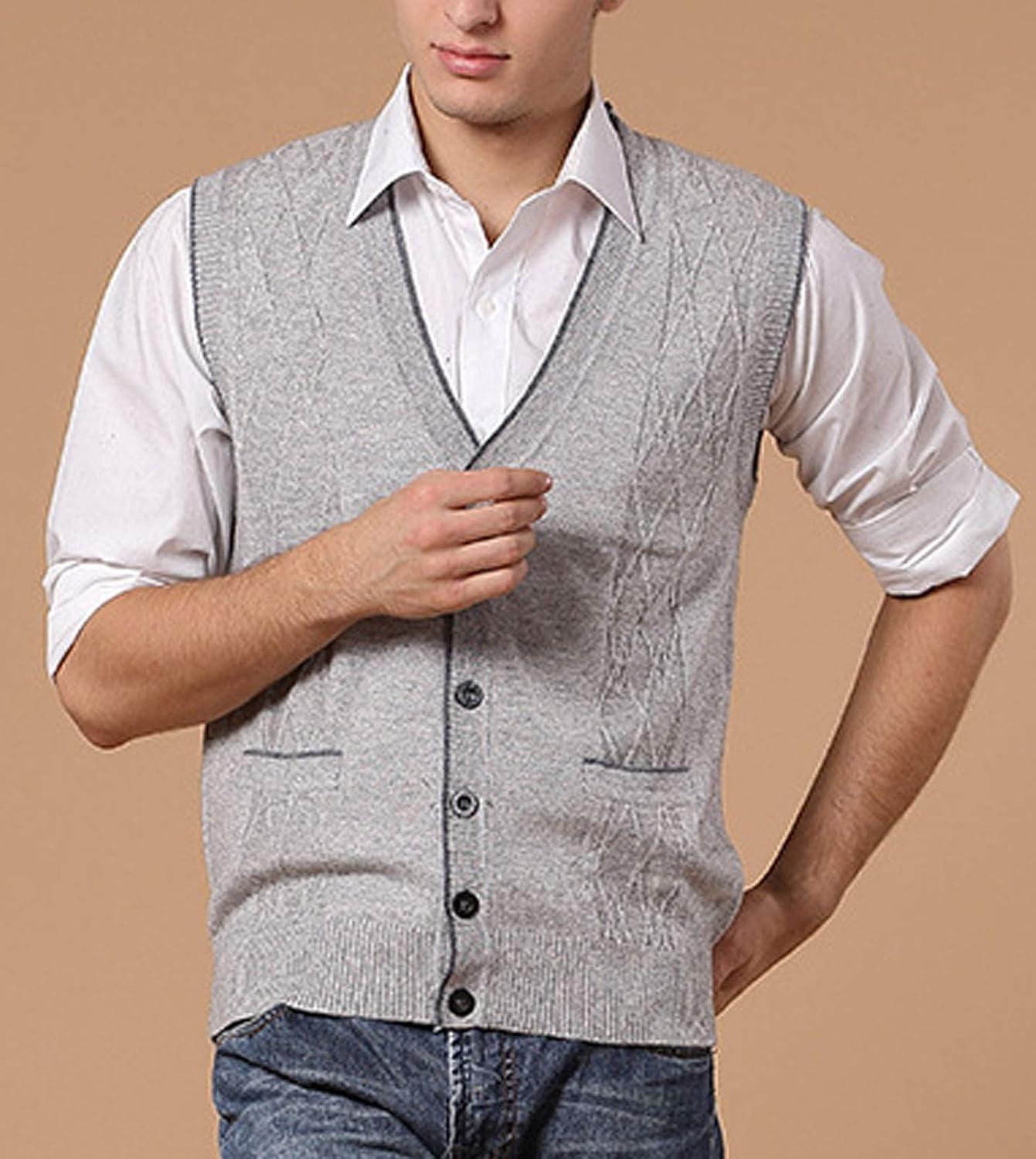 imageFlygo Mens Basic VNeck Jacquard Knitted Sweater Vest Waistcoat with Button FrontLight Grey
