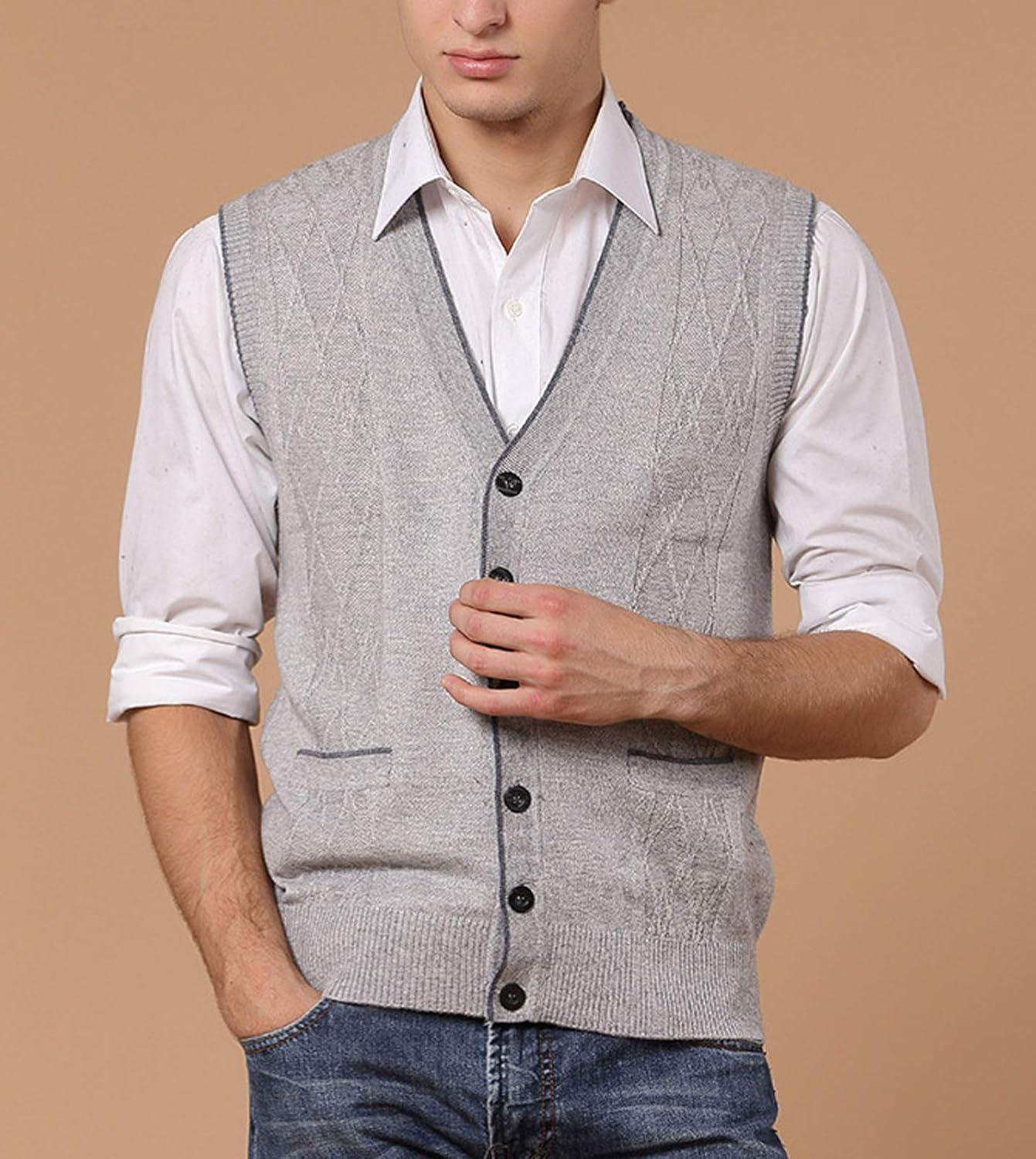 imageFlygo Mens Basic VNeck Jacquard Knitted Sweater Vest Waistcoat with Button FrontLight Grey