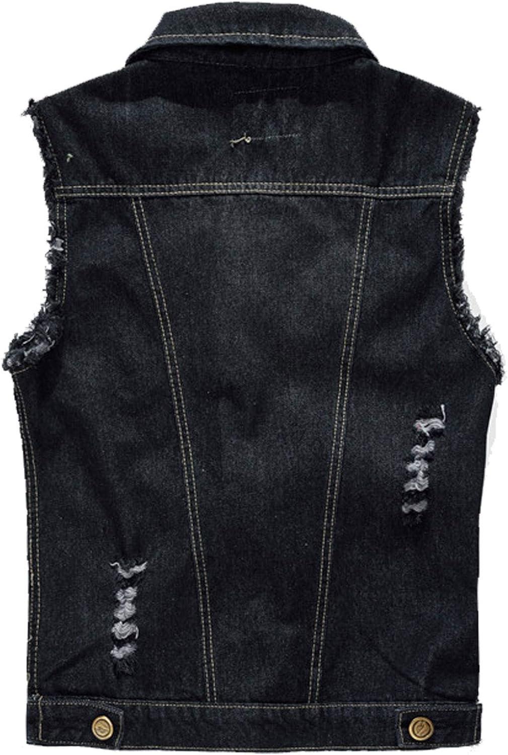 imageFlygo Mens Button Down Distressed Denim Vest Ripped Trucker Jean OutwearBlack