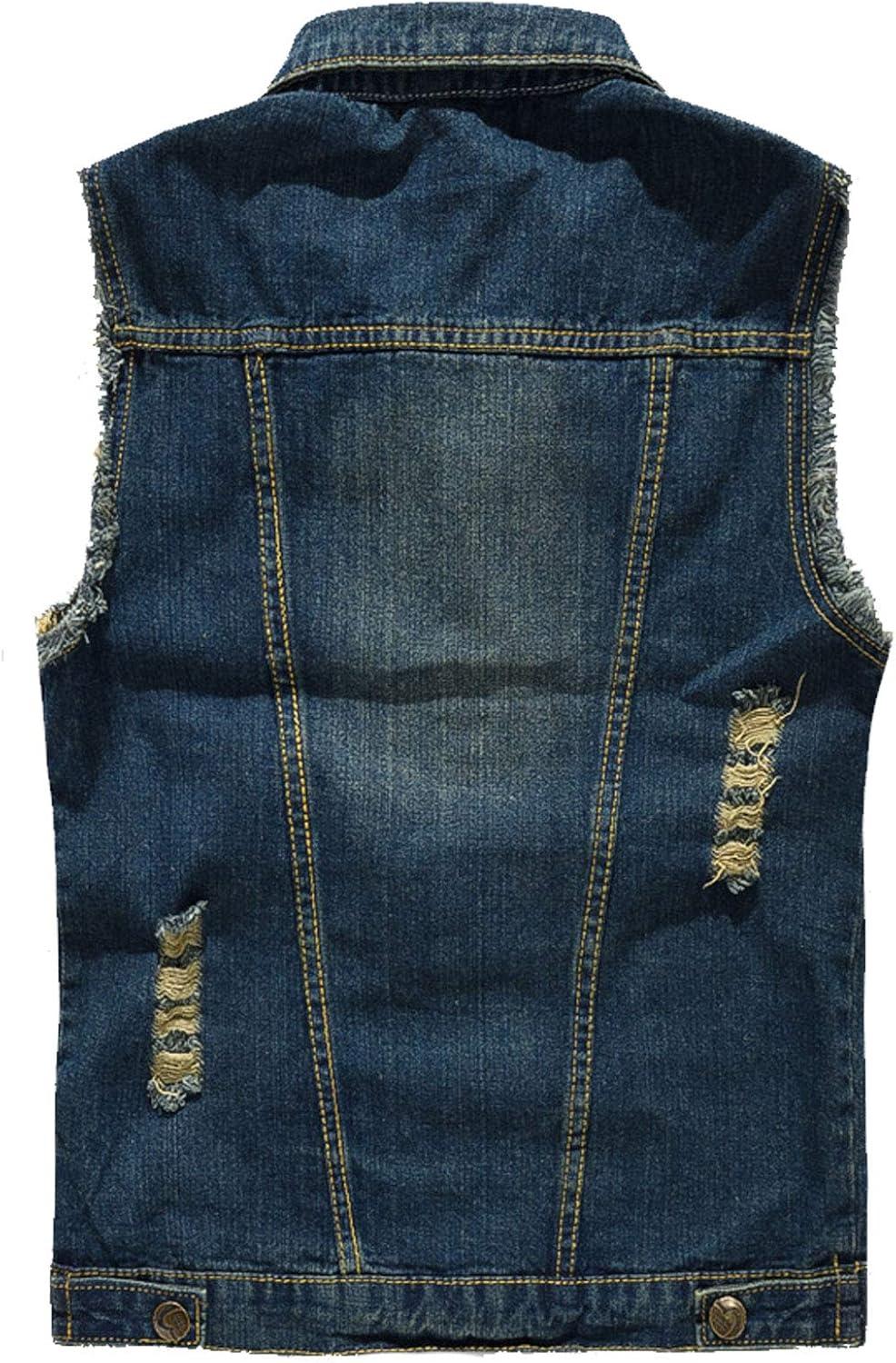 imageFlygo Mens Button Down Distressed Denim Vest Ripped Trucker Jean OutwearDark Blue