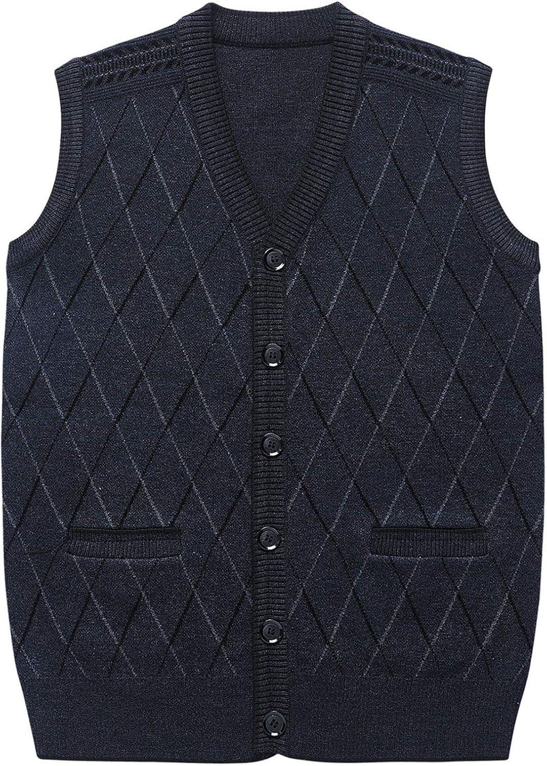 imageFlygo Mens Casual Argyle V Neck Button Front Wool Knitted Sweater Vest WaistcoatNavy