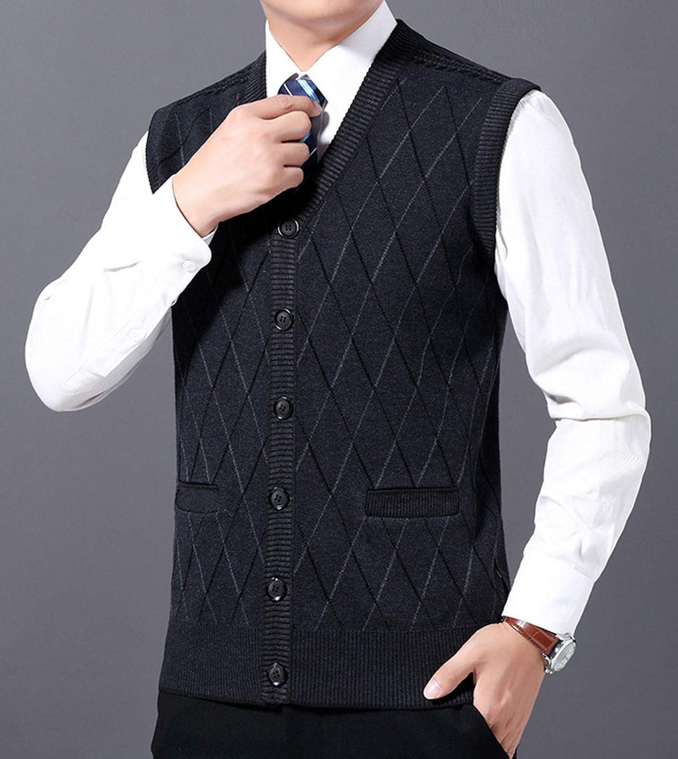 imageFlygo Mens Casual Argyle V Neck Button Front Wool Knitted Sweater Vest WaistcoatNavy