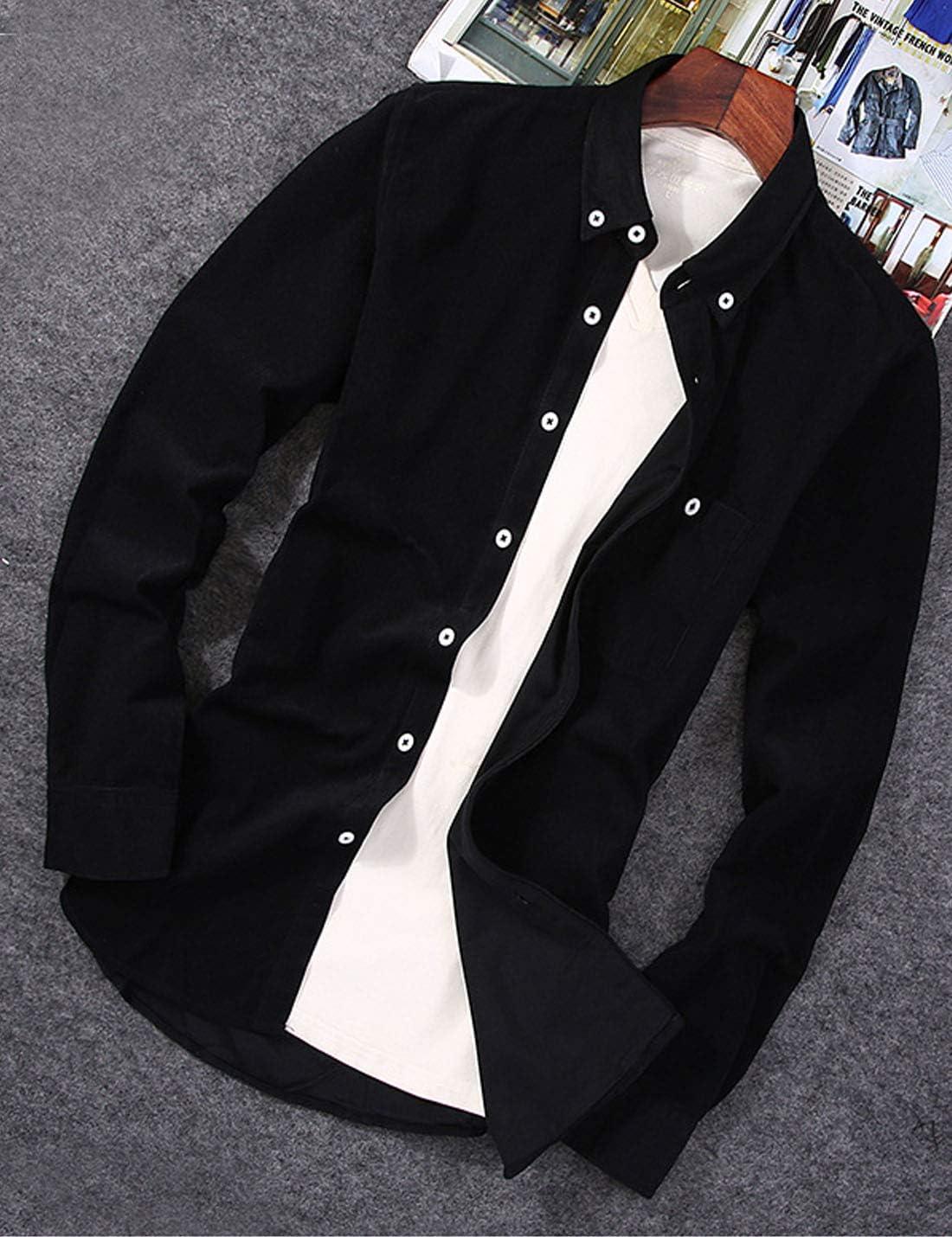 imageFlygo Mens Casual Corduroy Shirt Button Down Long Sleeve Solid Tops Shirts JacketBlack