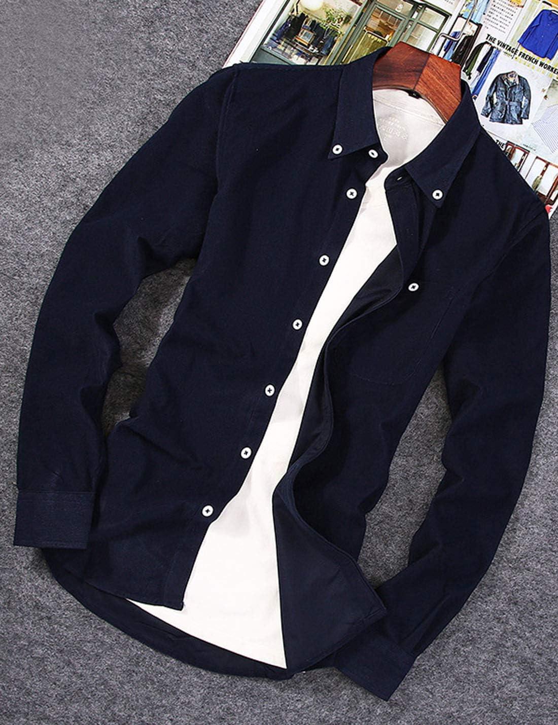 imageFlygo Mens Casual Corduroy Shirt Button Down Long Sleeve Solid Tops Shirts JacketNavy