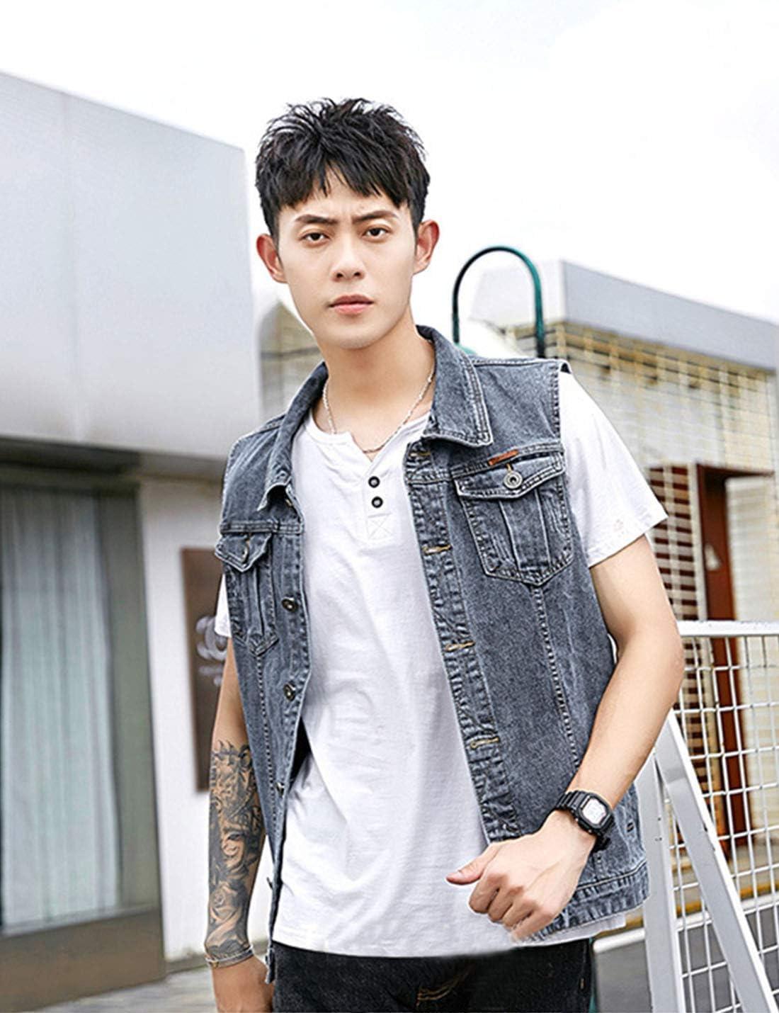 imageFlygo Mens Casual Lapel ButtonDown Denim Vest Sleeveless Trucker Jeans Vests JacketGrey
