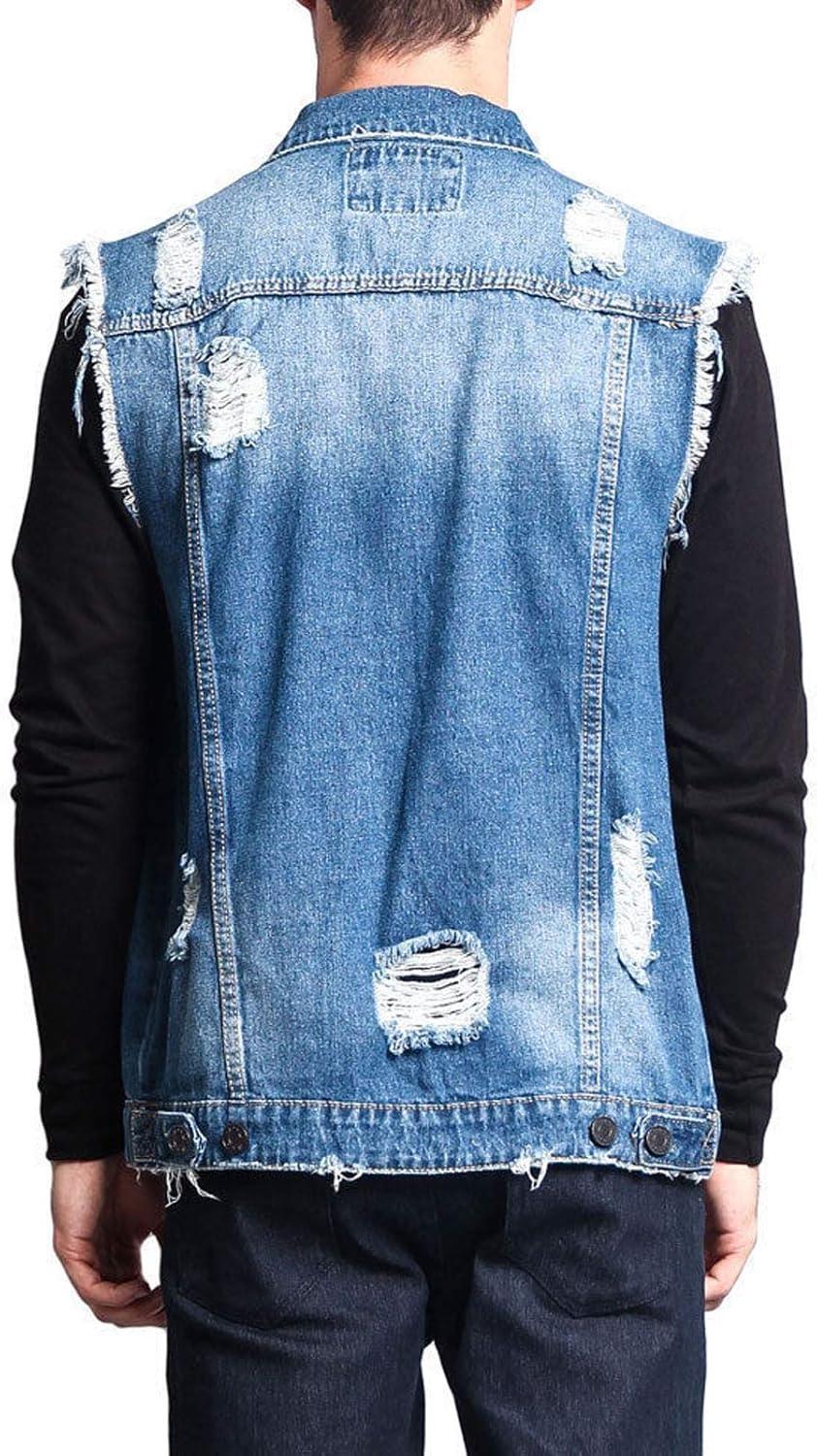 imageFlygo Mens Classic Button Down Ripped Denim Jean Vest Sleeveless JacketDark Blue