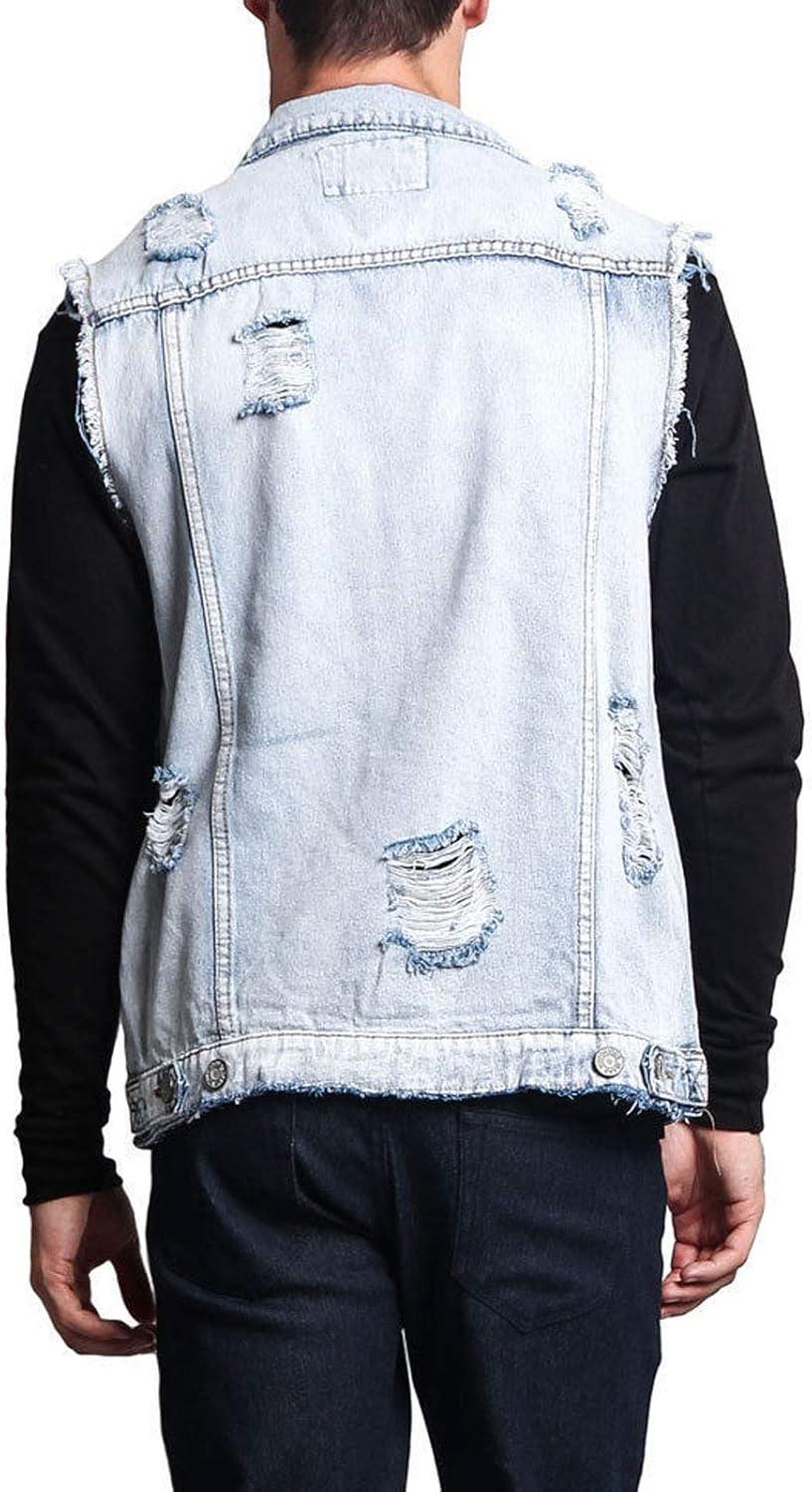 imageFlygo Mens Classic Button Down Ripped Denim Jean Vest Sleeveless JacketLight Blue