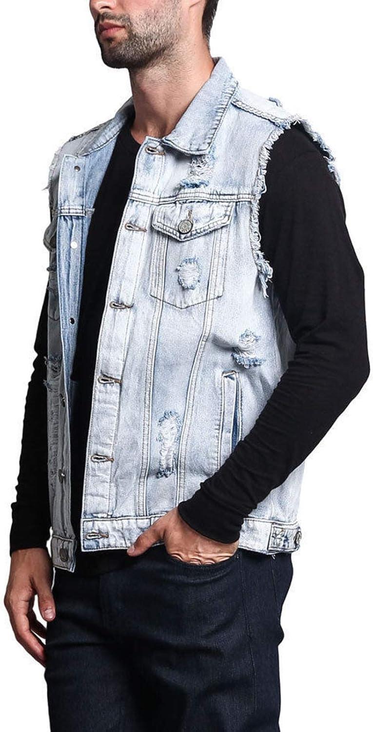 imageFlygo Mens Classic Button Down Ripped Denim Jean Vest Sleeveless JacketLight Blue