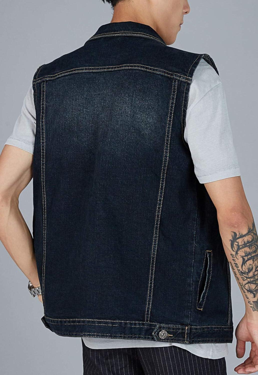 imageFlygo Mens Lapel Button Down Sleeveless Denim Jean Vest Trucker Jacket Waistcoat 3XLBlue