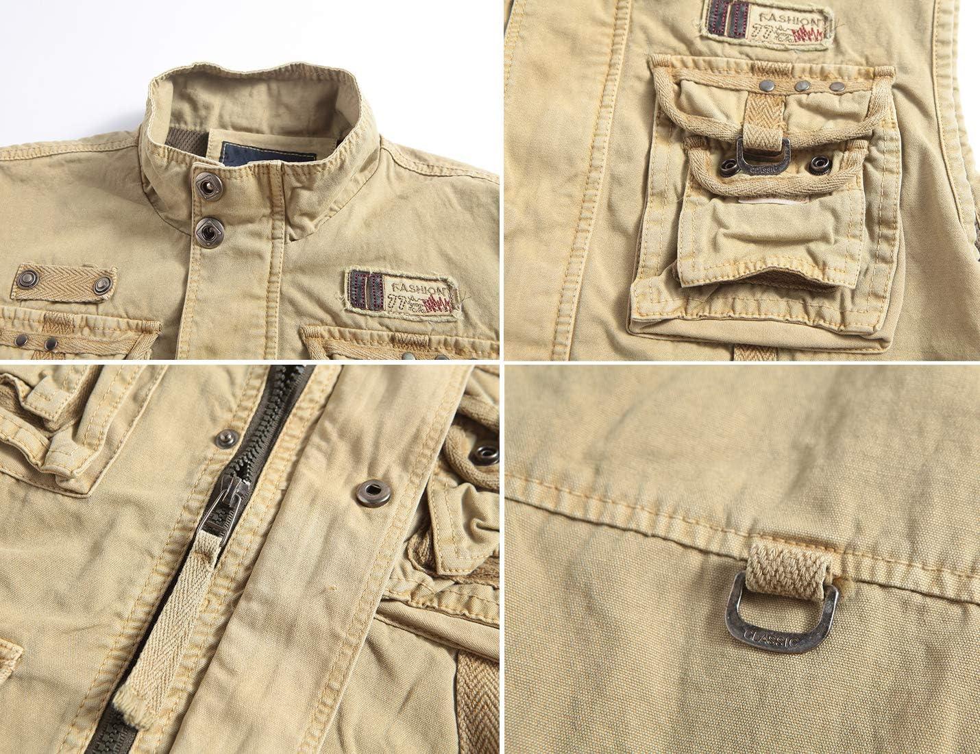 imageFlygo Mens Military Outdoor Multi Pockets Climbing Hiking Sleeveless Cotton Mesh Vest JacketKhaki